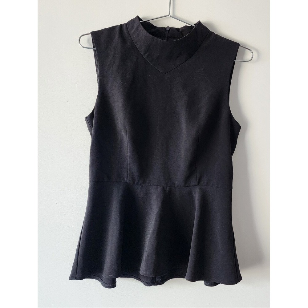 Forcast Peplum Top Women Sz 4 Black Professional Chic Mock Neck Business Casual